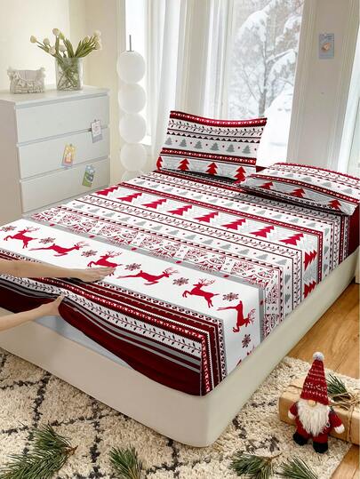 2/3件套圣诞蝴蝶结驯鹿圣诞树印花床笠套装（不含填充物），卧室专用床笠套装，磨毛超细纤维材质，透气舒适，含1个床垫套和1/2个枕套，床罩套装，尺寸可选：特大号、大号、标准双人床、单人床，卧室专用床笠套装，透气舒适，深口袋设计，最大可达11.8英寸，透气防皱，提升睡眠质量，可机洗，圣诞床上用品礼品