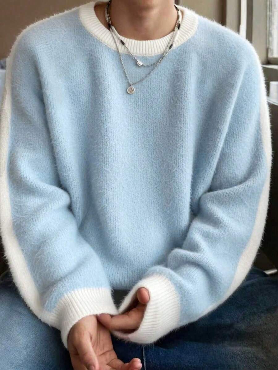 Unisex locker sitzender Lässig Kontrast-Farbstrick-Pullover, warm für Herbst & Winter, koreanischer Stil, minimalistisches Design, Rundhalsausschnitt mit langen Ärmeln - Blau - Übersicht 1