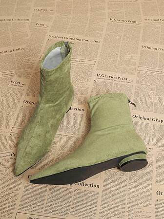 Women's Autumn/Winter New Retro Green Suede Low Heel Ankle Boots, Elegant Pointed Toe Zipper Back Fashion Slim Boots, Casual Versatile Low Heel Non-Fatiguing Commute Boots, Classic Simple Boots