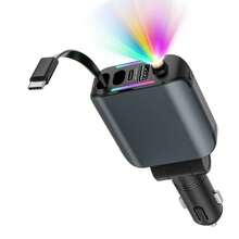 66W Fast Car Charger With Starry Sky Projection Light, Retractable Charging Cables, 4-In-1 Car Charger With USB PD