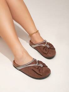 roulvxiang New Autumn And Winter Diamond Sequin Bow Imitation Wood Grain Women's Flat Sole Shoes - Brown - View 2