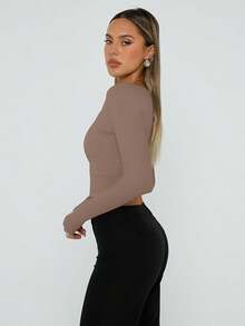 Womens Long Sleeve Shirts Square Neck Going Out Crop Tops Fashion Y2k Workout Clothes Fall Outfits 2025 - 咖啡灰 - 查看 3