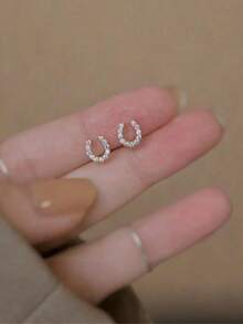1 Pair Minimalist U-Shaped Gold-Tone Cubic Zirconia Horseshoe Stud Earrings, Gift For Women - Multicolor - View 5