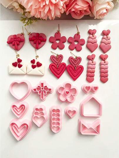 Set de cortadores de arcilla polimérica en forma de corazón, flor y sobre para hacer joyas artesanales como regalo del Día de San Valentín
