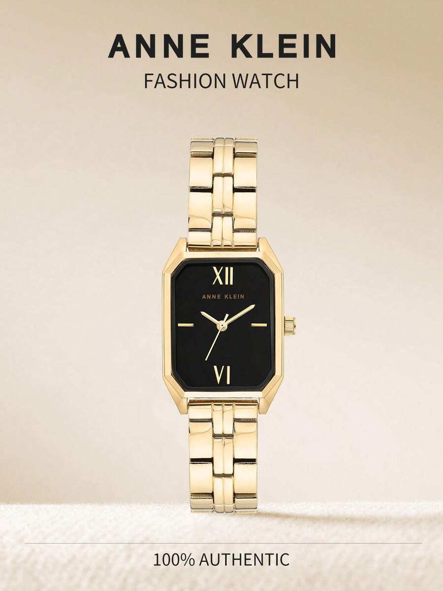 Anne Klein 女士金色石英手表，方形黑色表盘，女士金色可调节链式手链手表，时尚休闲女士礼物手表，AK/3774BKGB