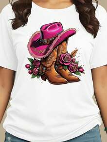Women's T-Shirt, Boots, Hat, Pink, Cotton Blouse, Casual, Cute, Premium Knit, Short Sleeve, Round Neck Shirt - 白色 - 查看 2