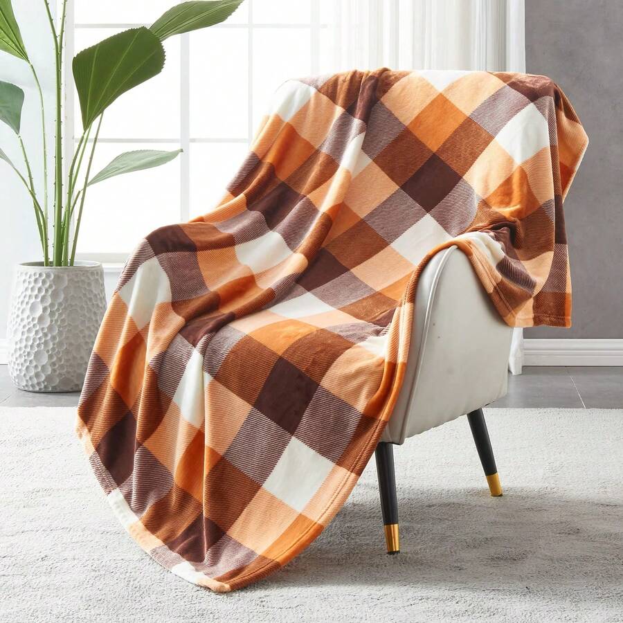 橙色格子法兰绒羊毛毯，柔软轻便，适合所有季节，可用于床上、沙发上、车内等。 - 彩色 - 查看 1