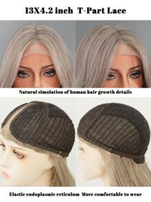 7JHH WIGS 渐变灰棕色长款波浪卷发中分合成蕾丝前假发，13x4x1 T型高清透明无胶自然发际线耐热纤维假发，适合日常派对佩戴，26英寸 - 漸變灰色 - 查看 8