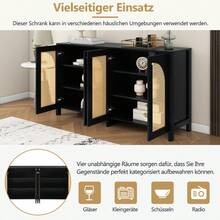 Modern Minimalist Style Sideboard With 4 Rattan Doors, Metal Handle, Simple Buffet Cabinet For Dining Room, Living Room, Kitchen (Natural Wood) - 黑色+中密度纖維板 - 查看 9