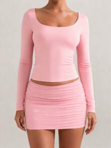Blusa casual de manga larga color rosa de XLLAIS para otoño e invierno, con cuello redondo amplio y diseño de doble capa sexy para mujer