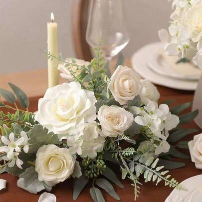 1 st konstgjorda blommor, blad, ljusringar, konstgjorda sidenrosblommor, växtkrans, ljushållare, plast liten blomkrans i lantlig stil för bröllopsarrangemang, brudbukett, bordsdekoration, trädgård, gård, födelsedag, duschdekor, estetisk rumsdekor, klassrum, kontor, balkong, köpcentrumdekorationer skolmaterial