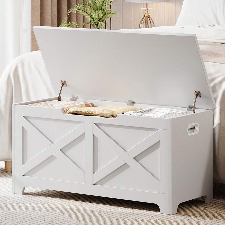 Blanco Nube Baúl de Almacenamiento Estilo Rústico con Bisagras de Banco Multiusos para Entrada Dormitorio Sala - Blanco - Ver 1