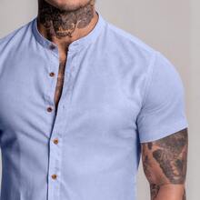 Men's Linen Mandarin Collar Shirt - Lilac Purple - View 3