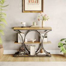Mesa de entrada industrial de 99 cm (39"), mesa consola de 3 niveles con estructura metálica circular, mesa auxiliar con estantes de madera, ideal para entrada, pasillo, sala de estar o recibidor. Color negro. - Negro - Ver 1