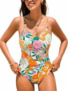 Women's Swimsuits Bathing Suits Cutout Tummy Control Adjustable Straps O Ring 2025 - White/Tangerine Floral - View 12