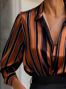 1 pieza Blusa de manga larga con botones y estampado a rayas en todo el diseño, adecuada para vacaciones, citas nocturnas, fiestas, regreso a clases, primavera y otoño