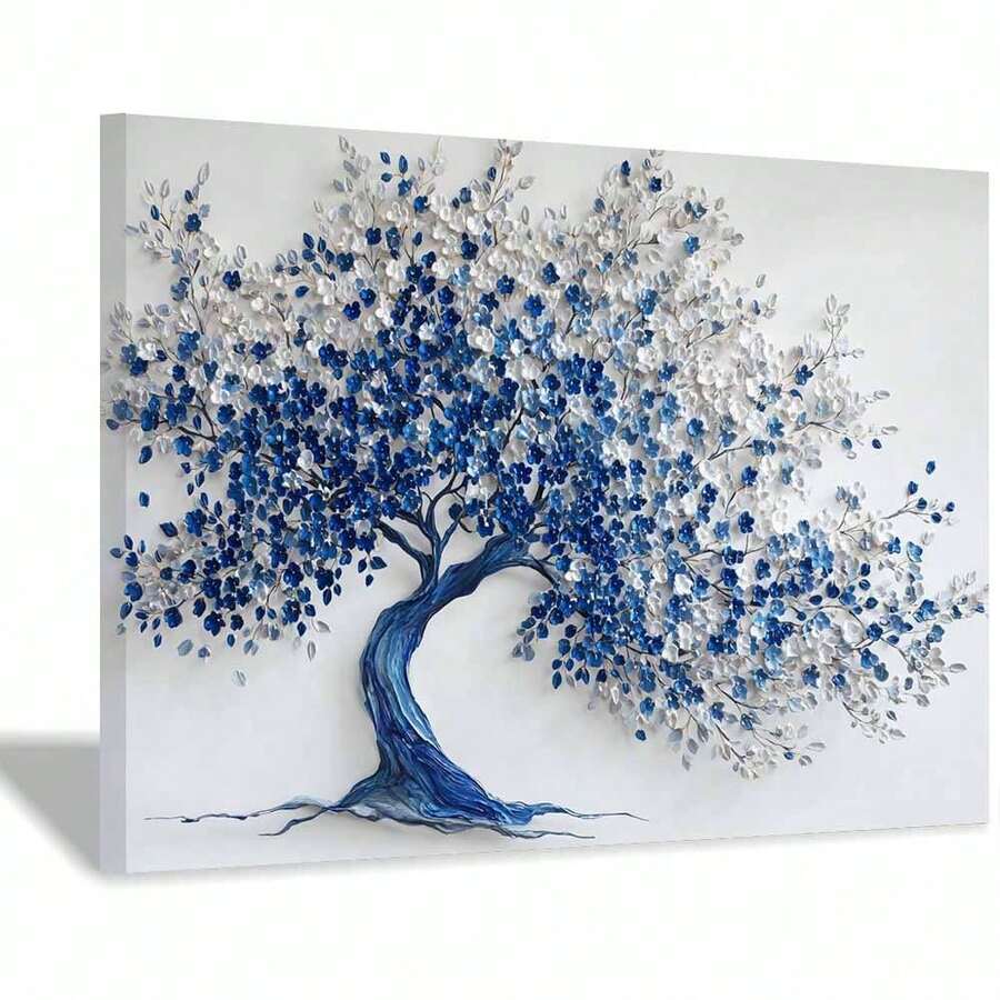 [2D Flat] 1Pc Framed Ready To Hang, Modern Abstract Colorful Tree Of Life Scenery Canvas Wall Art,  Retro Graffiti Tree Posters Painting Pictures Wrapped Framed Print, Blue & White 3D Textured Tree Canvas Wall Decor For Living Room, Bedroom, Modern Spaces, Art Collectors, Unique Style Home Decor - 藍色 - 查看 1
