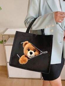 Cute Teddy Bear Zipper Tote Bag, Hand Bags, Purse, Large Capacity Foldable Handbag ,Teddy Tote Bag,Large Makeup Bag,Makeup Pouch, Simple Makeup Storage Bag With Zipper, Stationery Supplies Bag,With Ic Closure, Black & Brown Teddy Bear Print Design, Golden-Toned Zippers,Ideal Gift For Teachers, Friends ,Weddings, Birthdays, Women's Cosmetics Storage,Travel Essential ,Travel Essential Bag - Multicolor - View 2
