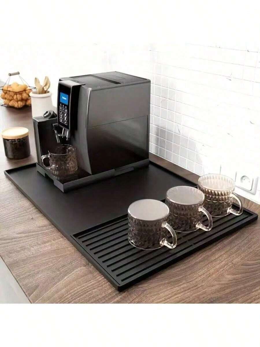 二合一硅胶咖啡垫，黑灰色，加高边缘，尺寸 59.94x39.88 厘米，专为保护咖啡吧台面而设计。适用于咖啡机、意式咖啡机和餐具沥水垫，防滑设计，吸水垫可拆卸，易于清洁，是咖啡吧的理想配件。 - 彩色 - 查看 1