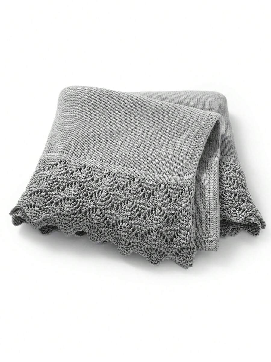 1pc Infant Knitted Solid Color Blanket With Delicate Lace Trim, Cozy Baby Blanket, Suitable For All Seasons - Grey - View 1
