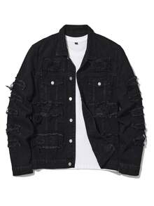 Men'S Ripped Denim Jacket Slim Fit Jean Outerwear Streetwear Casual Coat - màu đen - Xem 7