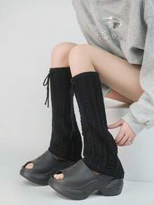 1 Pair Black/White Bow Knit Thigh High Cozy Leg Warmers, Cotton Y2K Style Cozy Leg Warmers, Elegant, Comfortable, Soft, Casual, Suitable For Spring/Summer, Elegant Japanese Style, Soft And Comfortable Japanese Style Elegant Embroidered Daisy Casual Cozy Leg Warmers