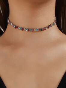 1 pieza Collar gargantilla de mujer con circonita geométrica, versátil para uso diario y vestidos de noche - Color plateado mixto - Ver 8