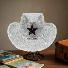 Adults Glitter Western Cowgirl Hats With Rhinestones Fashionable Wide Brim Fedora Caps For Outdoor Vacation - Bạc - Xem 3