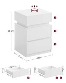 KAILYN Collezione - Set di 2 Comodini con Striscia Luminosa di Luci a LED Multicolore Variabile, 3 Cassetti, Tavolino in Stile Moderno, 35 x 40 x 55 cm, Bianco - Bianco - Visualizzare 4