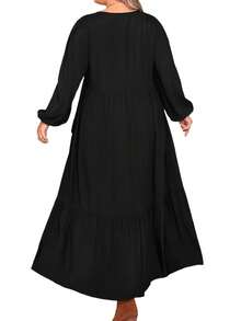 Robe ample noire à encolure en V, manches lanternes, volants à l'ourlet, élégante pour le printemps, taille grande - Noir - Voir 2