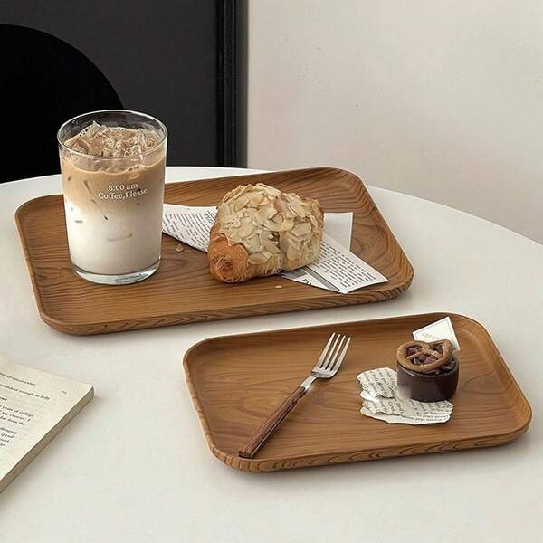 1pc Rectangular Plastic Tray, Faux Wood Grain, For Home, Cafe, Dessert, Cake, Snack