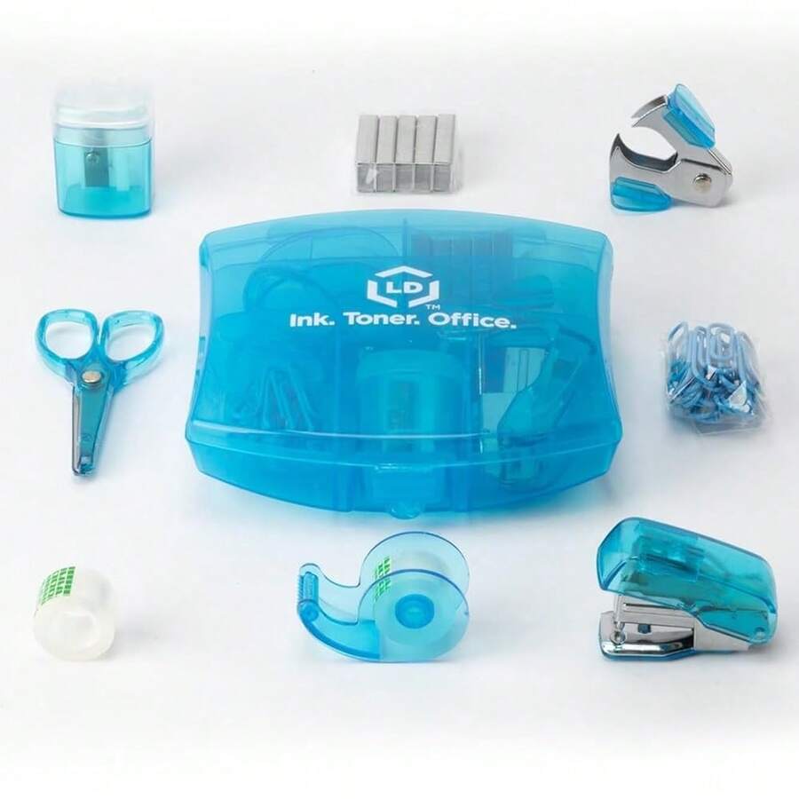 LD Products Blue Mini Office Supply Kit Portable Case With Scissors, Paper Clips, Tape Dispenser Set, Pencil Sharpener, Mini Stapler With Staples And Staple Remover,Blue - Blue - 查看 1