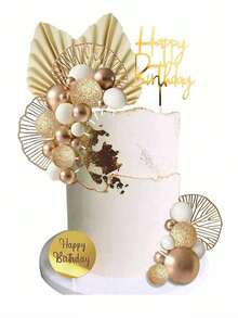 26pcs Bohemian Style Gold Cake Decoration Set, Gold & White Foam Balls, Happy Birthday Cake Topper, Gold Folding Fan, Ginkgo Leaf Cake Decor, Suitable For Baptism, Wedding, Retirement Party, Birthday Cake Decoration, Luxury Style Cake Decor Supplies (Please Use With White Sticks.) - Multicolor - View 3