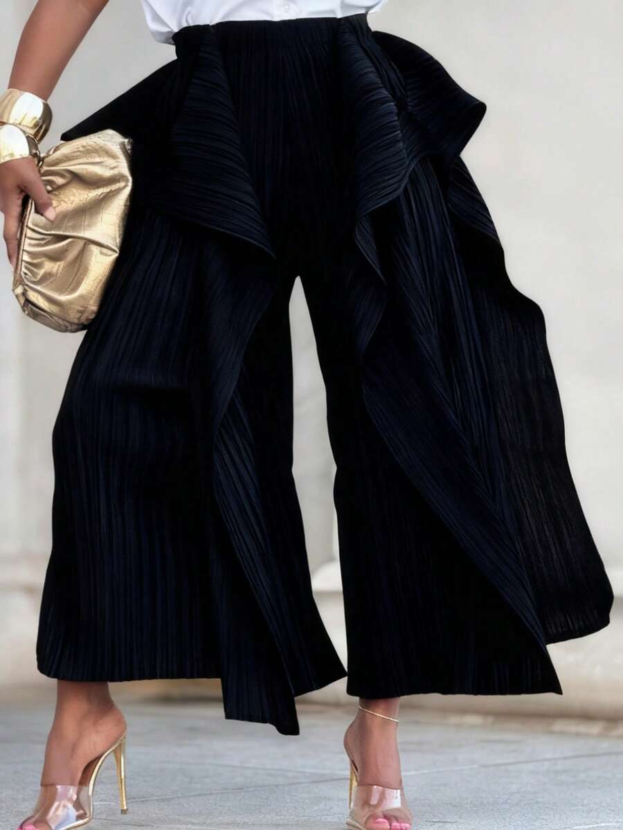 Women's High Waisted Wide Leg Pants - Ruffled Hem Pleated, High Stretch Wrinkle Resistant Black Trousers, Elastic Waist One Size Fits Up To XXL, All-Season Casual Formal Wear - 黑色 - 查看 1