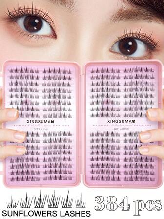向日葵优雅 384/672 簇状假睫毛套装 - 自然到魅惑混合款，轻松 DIY，可重复使用，超细黑色睫毛梗，C 型卷翘，打造惊艳妆容，适合初学者的化妆工具，睫毛嫁接，自然簇状假睫毛，适合漫画风格，派对礼物，女士和女孩单簇假睫毛，化妆用品。