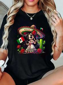 1 Blusa de Mujer Hermosa para Mujer, Conjuntos de Ropa para Mujer, Camiseta de Chica Mexicana 180G Blanco y Negro, Estampado de Bandera de Alta Calidad, Cuello Redondo Básico, Corte Holgado, Transpirable, Versátil, Lavable a Máquina, Tamaño Cómodo S ~ 2XL, Esencial para el Verano, Deportivo Casual Diario. - Oscuro - Ver 1