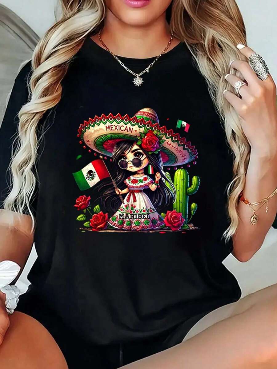 1 Blusa de Mujer Hermosa para Mujer, Conjuntos de Ropa para Mujer, Camiseta de Chica Mexicana 180G Blanco y Negro, Estampado de Bandera de Alta Calidad, Cuello Redondo Básico, Corte Holgado, Transpirable, Versátil, Lavable a Máquina, Tamaño Cómodo S ~ 2XL, Esencial para el Verano, Deportivo Casual Diario. - Oscuro - Ver 1