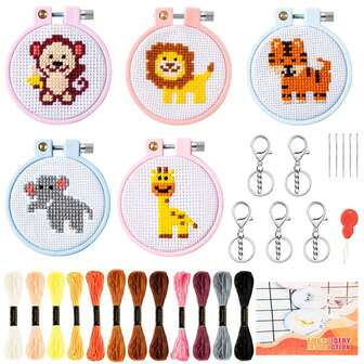 9Pcs DIY Embroidery Sewing Cross Stitch Kit For Beginners Teens Adults,Sewing Your Own Jungle Animals/Horse/Space Theme Pattern Cloth Needlepoint Handmade Craft Material Includes 5Cross Stitch Fabrics 1 Pack Of Embroidery Floss 1 Pack Of Accessories (5 Keychains 5 Needles 1 Threader) 5 Abs Embroidery Hoops 1 Instruction Booklet With Box