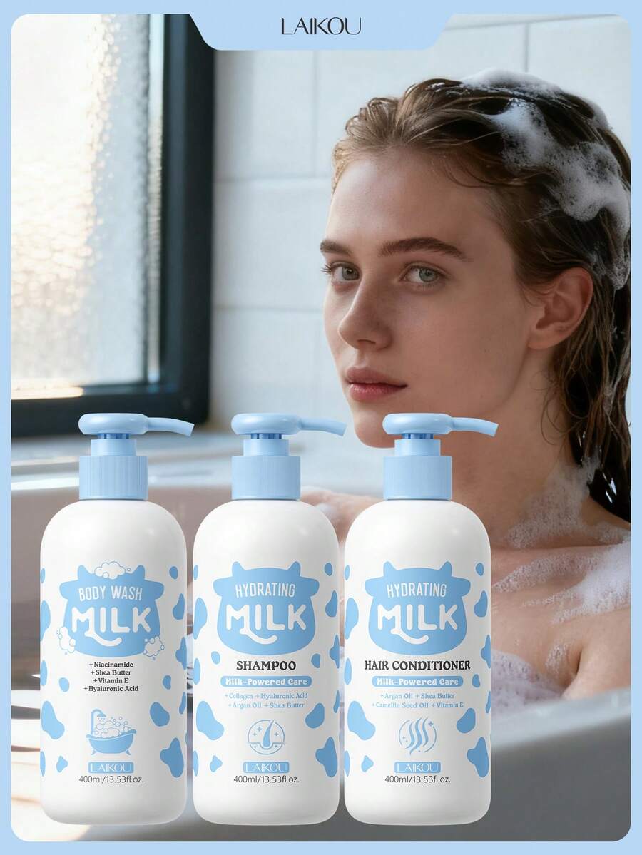 LAIKOU 1套莱寇健康清洁护发沐浴套装（持久留香牛奶浴400ml + 亮泽保湿牛奶洗发水400ml + 滋养保湿牛奶护发素400ml），400ml保湿修护护发素，适用于干性发质，令秀发亮泽柔顺，去屑洗发水，强韧发色