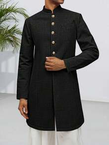 Runcati Mens Kurta Coats  Mandarin Collar Attire  Outfits Wedding Festive Party Clothing Casual Kaftan Robe - 黑色 - 查看 1
