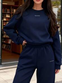 2025 Autumn/Winter New Arrival: Solid Color Casual Wear, Loose-Fitting Warm Long-Sleeved Crew Neck Sweatshirt With Elastic Waist And Drawstring Pants, Women's Two-Piece Set - 藍色 - 查看 5