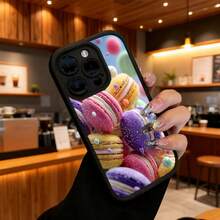 Cubierta de teléfono con borde negro y diseño de macarons coloridos para iPhone 14 Pro Max funda protectora con estampado de dulces franceses ideal para uso diario en oficina o casa - Negro - Ver 6