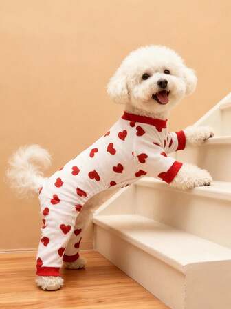 1pc Dog Pajamas, Soft Heart Pattern, Suitable For Small, Medium And Large Puppies And Cats, Valentine's Day Special Offer.