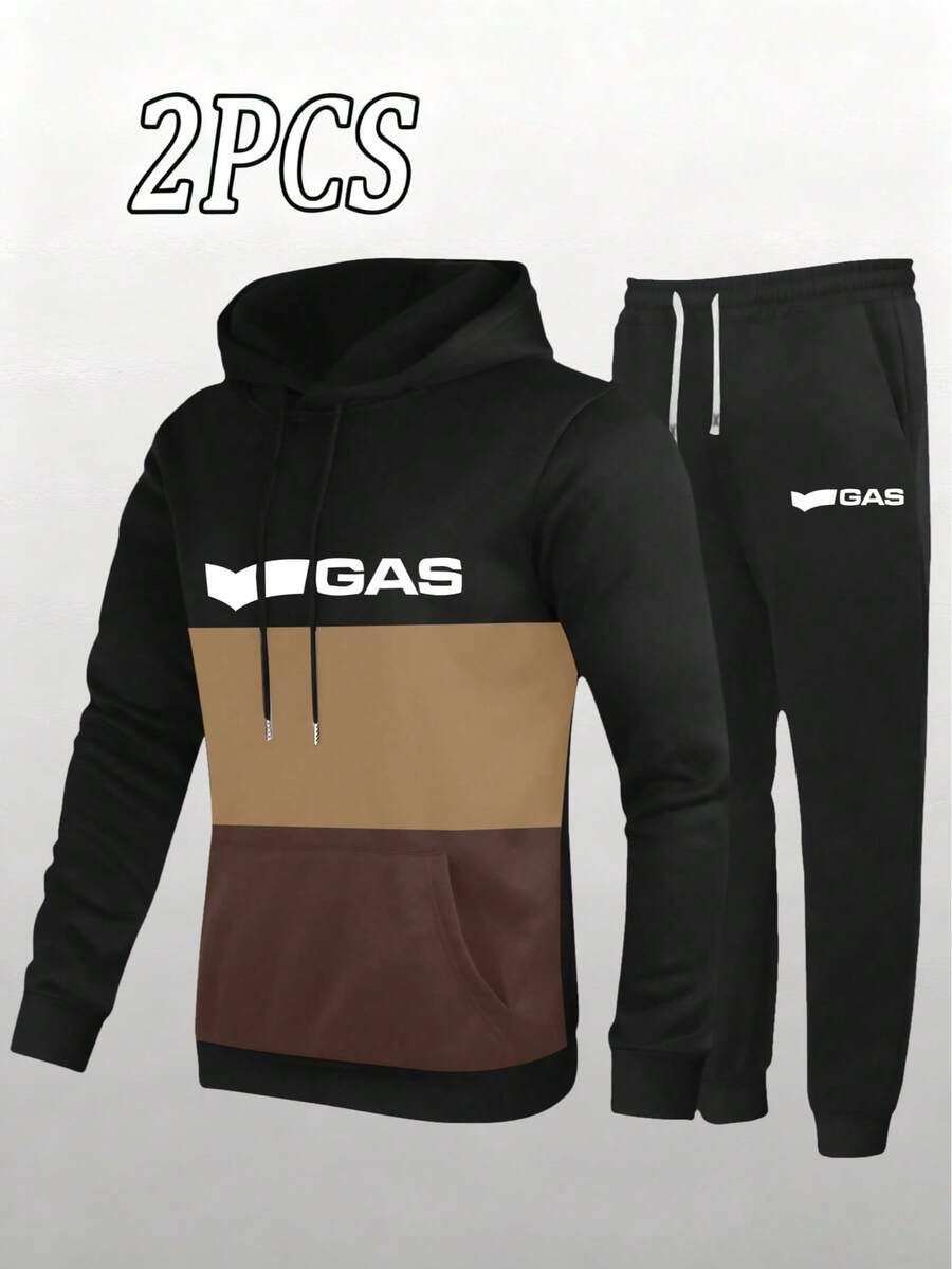 Set 2 piese pentru bărbați, toamnă/iarnă, nou-venit, hanorac cu glugă cu mânecă lungă, imprimeu cu litere și pantaloni cu șnur elastic în talie, îmbrăcăminte sport casual pentru călătorii, vacanță, fitness și alergare - Multicolor - Vizualizare 1