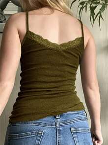 Áo hai dây ren phối nhiều mảnh GAOVOT dành cho nữ, kiểu dáng ôm sát gợi cảm phong cách Y2K, thích hợp cho mùa xuân/hè. - Màu xanh Ô liu - Xem 4