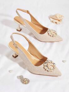 2024 Spring/Summer New Pearl-Decorated Women's High Heels, 6cm Stiletto Heel & Pointed Toe & Delicate Slingbacks,Elegant,Party,Kitten Heels - Champagne - View 8