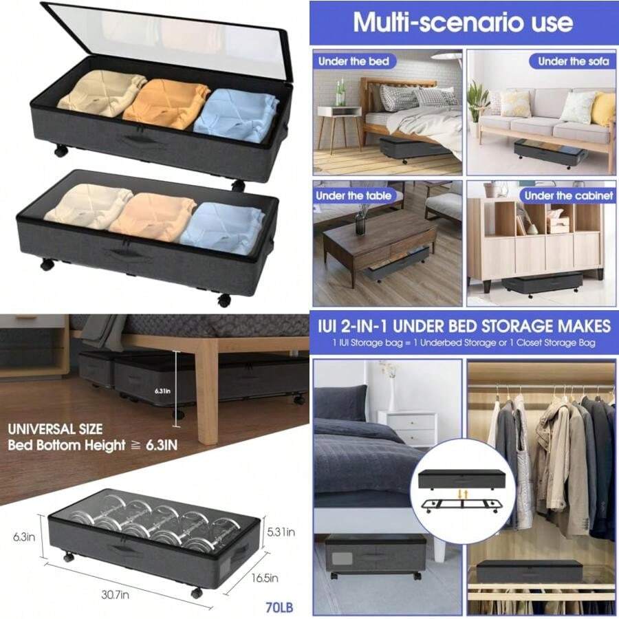 Almacenamiento 2 en 1 debajo de la cama con ruedas y tapas, contenedores de almacenamiento debajo de la cama de 50 l de capacidad con ventana transparente y etiqueta, organizador de almacenamiento(2Pack Negro) - Multicolor - Ver 1