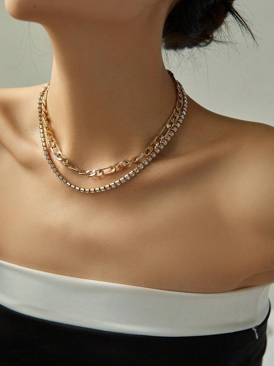 2pcs/Set Fashion Gold-Color Crystal Claw Chain & Twisted Chain Necklace Set For Women, Luxury Jewelry (No Gift Box)
