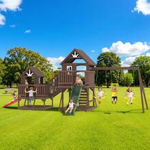 Wooden Swing Set For Kids Ages 3–8, Large Outdoor Fir Playhouse With Double Towers, Wave Slides, Swings, Climbing Wall & Ladder, Spacious Backyard Playground Structure 170.5" D X 287.4" W X 117" H - 14 In 1 - View 10
