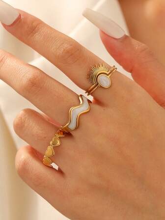 3件套精致时尚法式镀层不锈钢心形和几何开口可调节戒指，适合女性日常、派对、约会佩戴